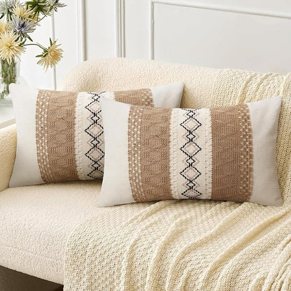 Pyonic Pack of 2 Boho Throw Pillow Covers 12x20 Inch Farmhouse Beige Decorative by PyonicThrowPillowCovers