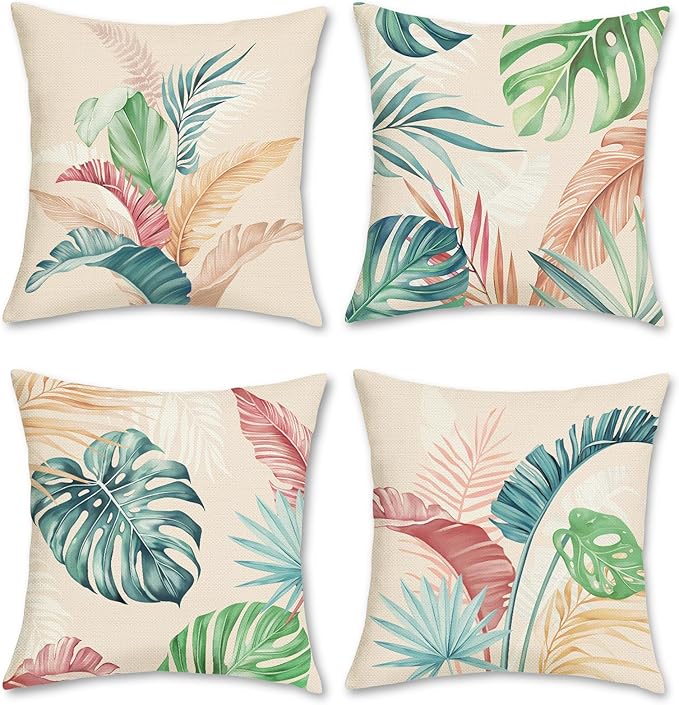 Bonhause Tropical Leaves Throw Pillow Covers 18 x 18 Inch Set of 4 Pink Green by Bonhause