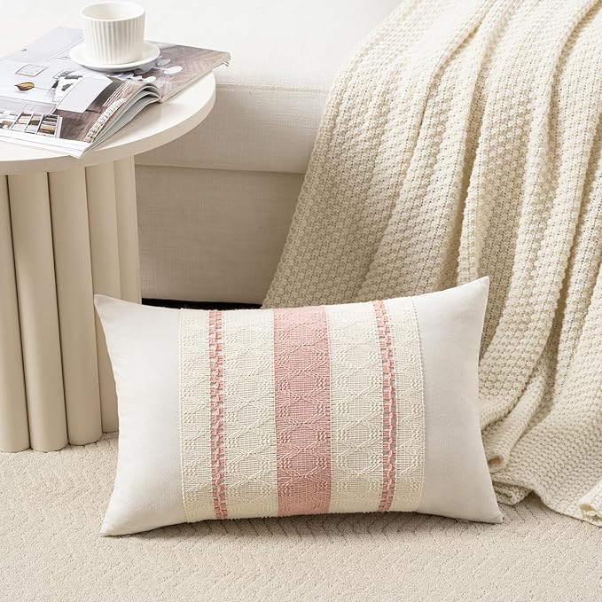 Fancy Homi Set of 2 Boho Pink Long Lumbar Decorative Throw Pillow Cover 12x24 - Image 2