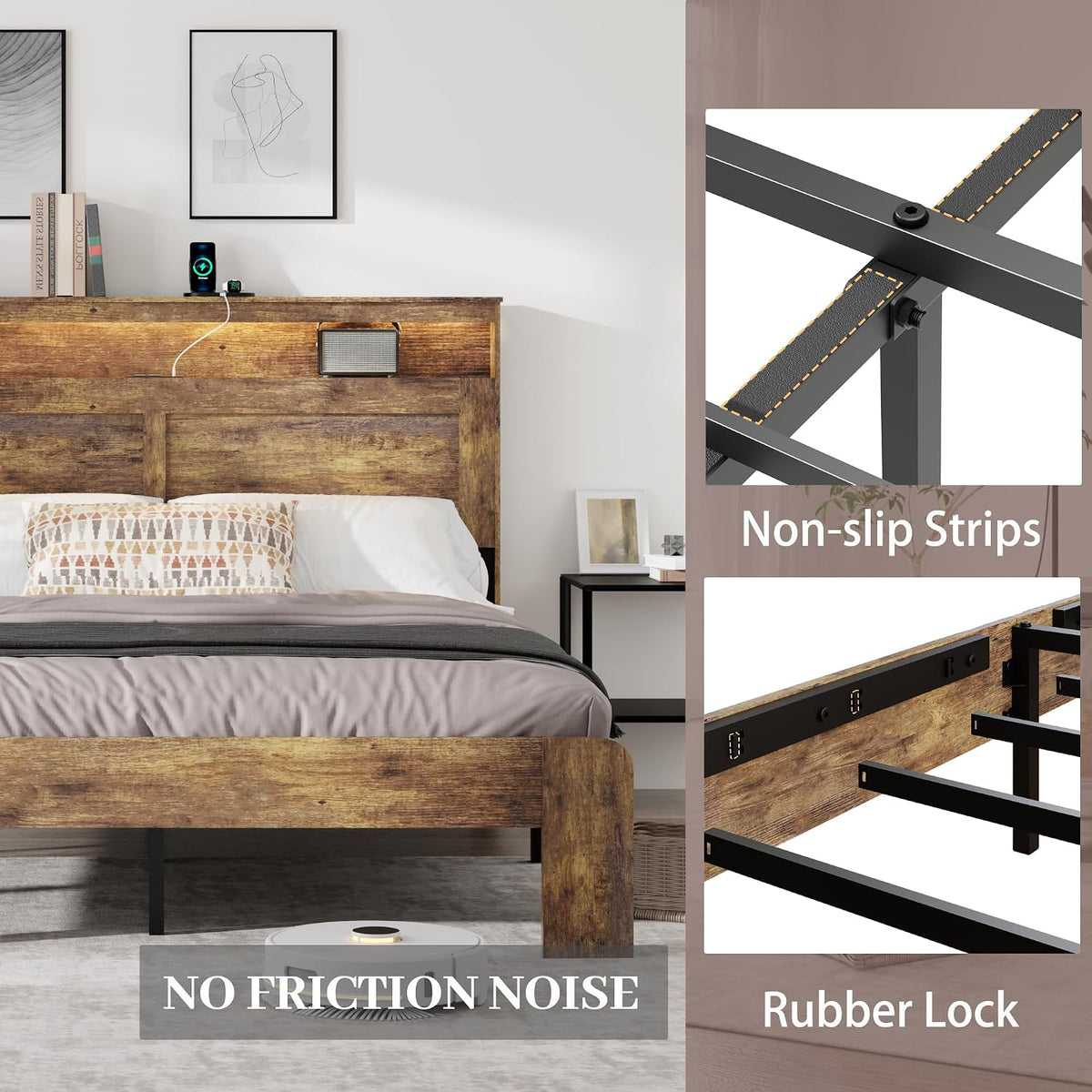 king size wooden bed frame with headboard, rustic, package contents