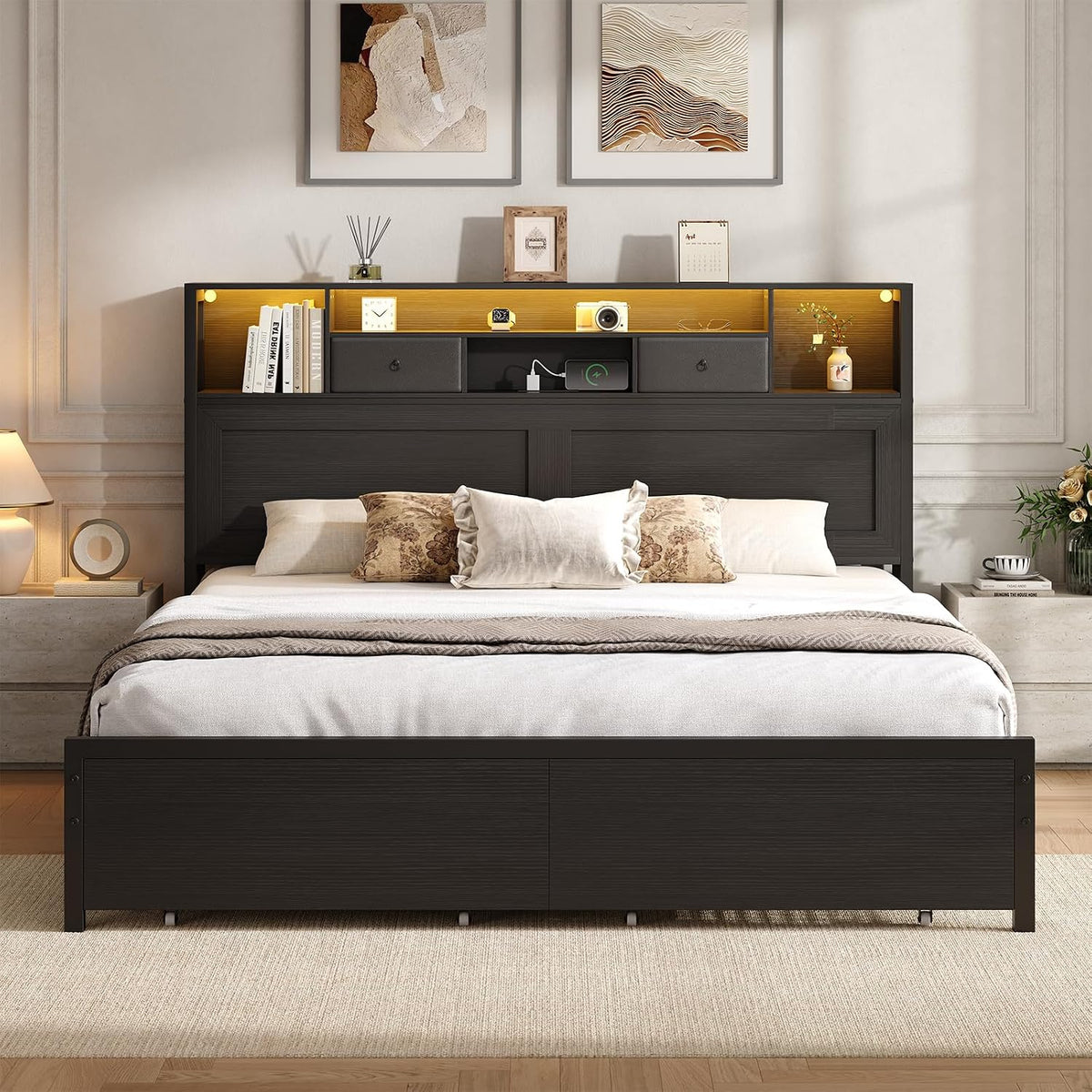 queen bed frame with storage headboard, platform bed, front angle view