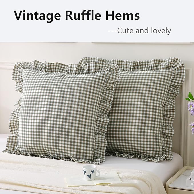 Aryeleay 2 Pack Sage Green White and Brown Plaid Gingham Ruffle Pillow Shams - Image 3