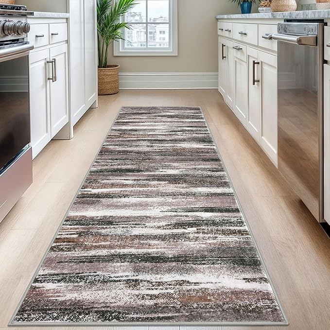 Modern Abstract Runner Rug 2.6x8, Dark Light Brown White Washable Kitchen - Image 2