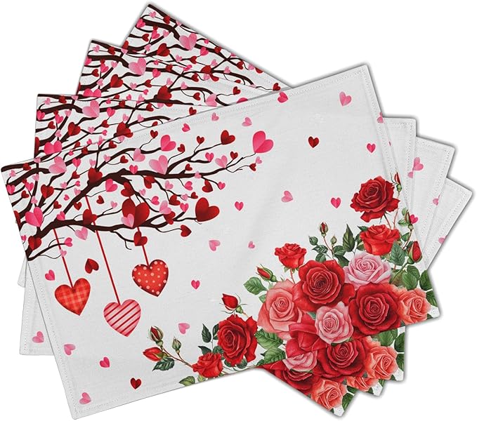 Giwawa Valentine's Day Placemats, Romantic Love Hearts Tree Branches Rose - Image 2