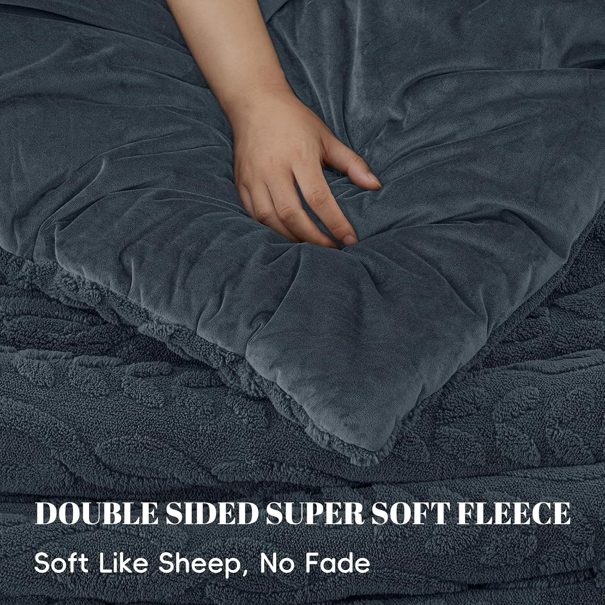 phf fluffy sherpa fleece queen comforter set, 3, close-up detail