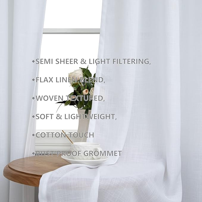 72 Inch Length Semi Sheer Curtains 2 Panels Set White Light Filtering Linen - Image 3
