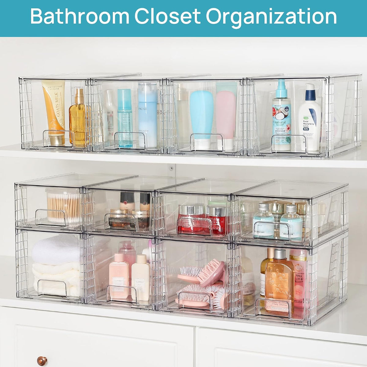 vtopmart 4 pack large stackable storage drawers, clear showing dimensions