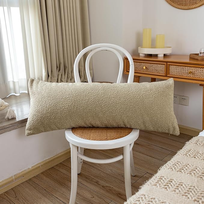 14x36 inch Boucle Lumbar Pillow Cover, Camel Woven Texture Neutral Long Pillow - Image 9