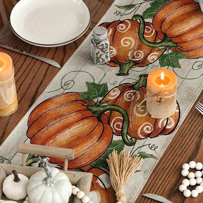 Artoid Mode Polka Dot Pumpkins Vine Wood 210 GSM Fall Table Runner, Seasonal - Image 4