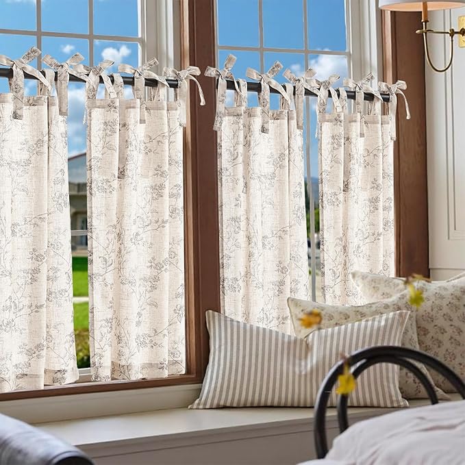 jinchan Gray Floral Kitchen Curtains 36 Inch Linen Tier Curtains Farmhouse Cafe - Image 2