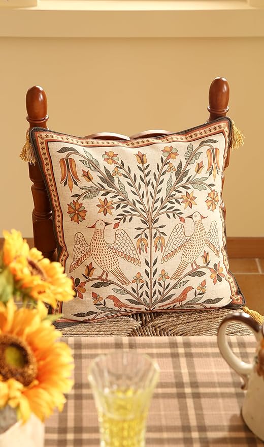 Square Brown Throw Pillow Covers, Floral Farmhouse Yellow Birds Flower Pattern - Image 6