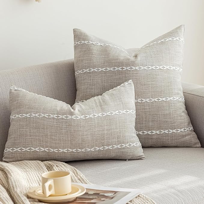 vctops Rustic Striped Cotton Linen Decorative Throw Pillow Cover Embroidery - Image 2
