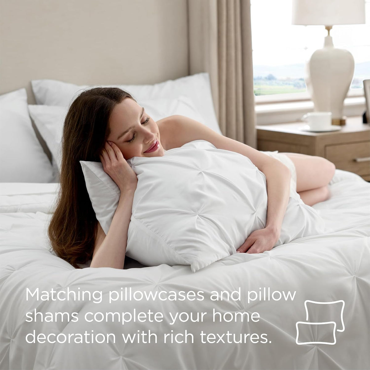 bedsure 7-piece white comforter & sheet set, queen on a desk or shelf