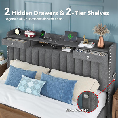queen bed frame with 2-tier storage headboard and, side view