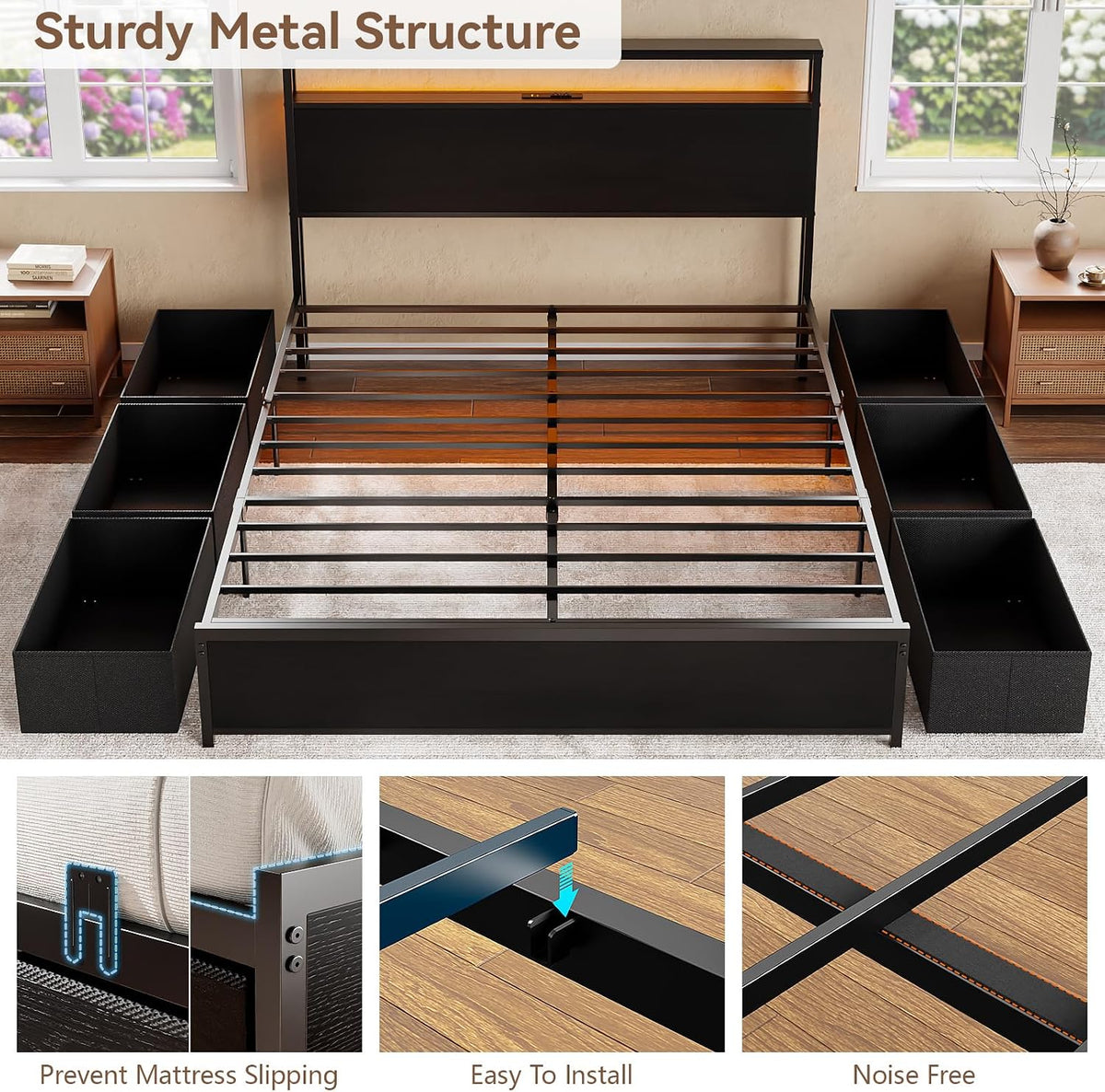 forestell queen bed frame with 2-tier storage headboard on a desk or shelf