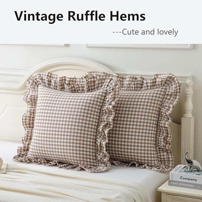 Aryeleay 2 Pack Taupe White Plaid Ruffle Throw Pillow Covers, 100% Cotton - Image 3