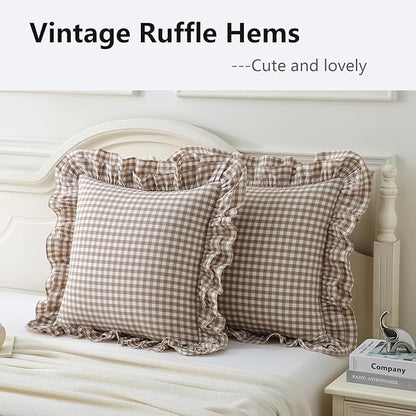 Aryeleay 2 Pack Taupe White Plaid Ruffle Throw Pillow Covers, 100% Cotton - Image 3