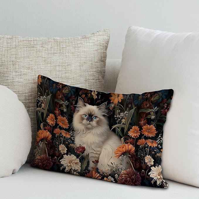 Moody Floral Ragdoll Cat Pillow Covers 12x20, Ragdoll Cat Gifts, Dark - Image 3