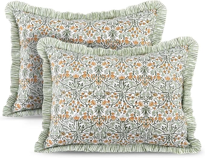 Ridhi Goldenrod Yellow 100% Cotton Block Print Ruffle Bed Sham Cover 20''×26'' by Ridhi