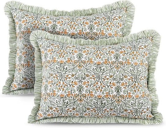 Ridhi Goldenrod Yellow 100% Cotton Block Print Ruffle Bed Sham Cover 20''×26'' by Ridhi