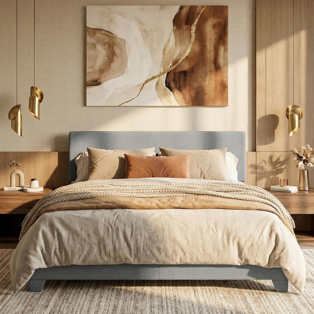 SHA CERLIN Linen Upholstered Queen Size Bed Frame with Headboard,Light Gray