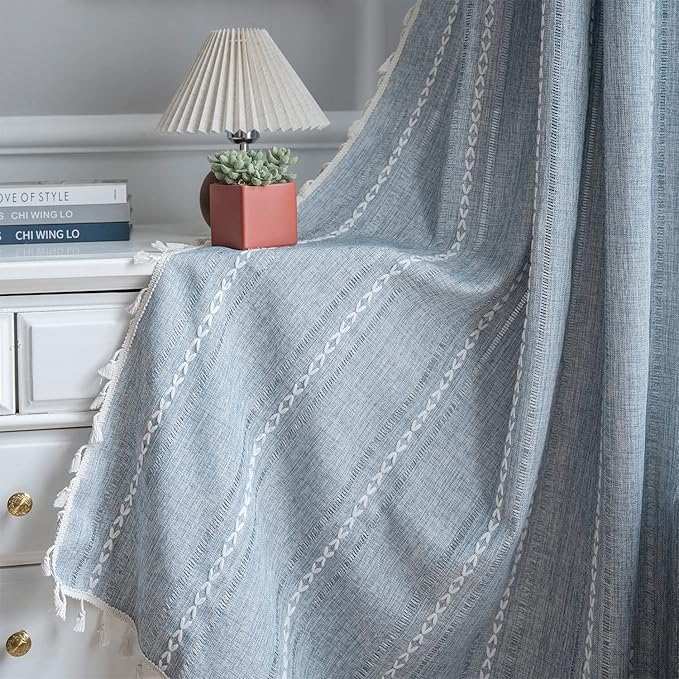 ColorBird Boho Curtains 84 inch Length 2 Panels Sets Farmhouse Blue Linen Boho by ColorBird