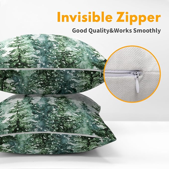 Winter Forest Pillow Covers 18x18 Inch 2Pcs Watercolor Green Misty Pine Tree - Image 3