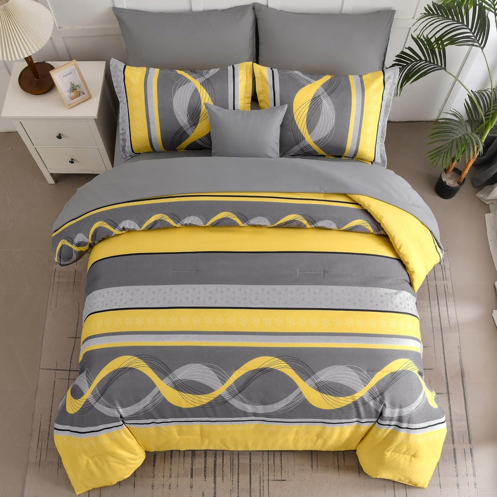 Anibedding Yellow and Grey Comforter Set King Size,8 Pieces Bed in a Bag Patc...