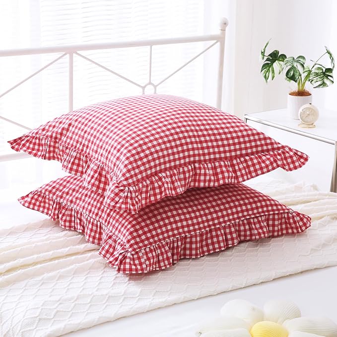 2 Pack Red White Plaid Ruffle Gingham Euro Throw Pillow Covers, 100% Washed - Image 3