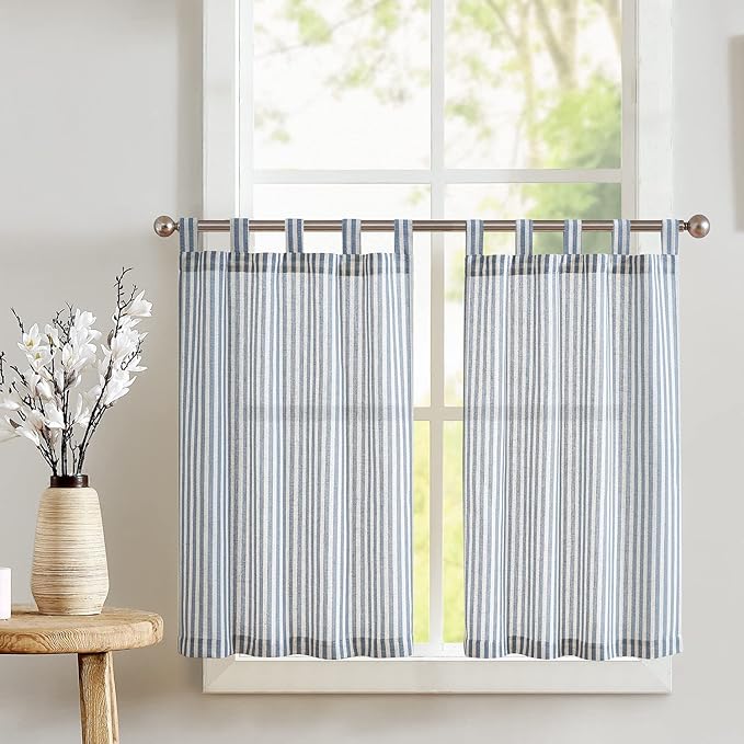 jinchan Tab Top Linen Kitchen Curtains 24 Inches Striped Tier Curtains by JINCHAN