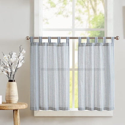 jinchan Tab Top Linen Kitchen Curtains 24 Inches Striped Tier Curtains by JINCHAN