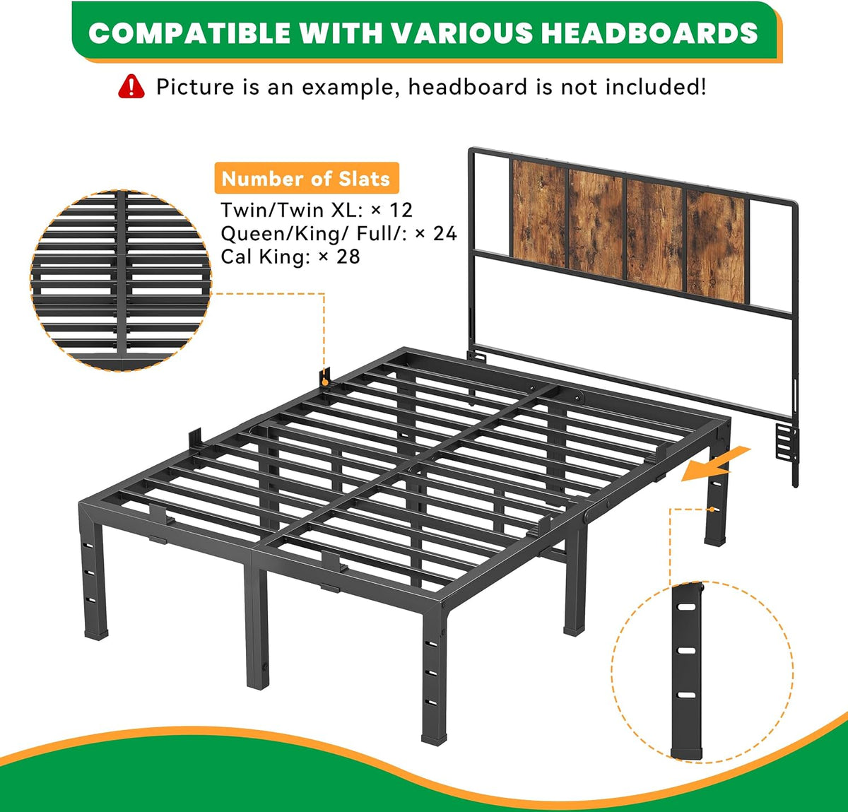 14 inch bed frame king heavy duty, upgrade, front angle view