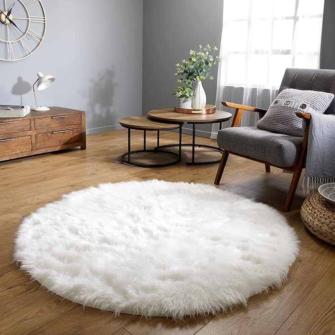 Latepis White Round Rug 6.7 ft, Faux Fur Sheepskin Circle Rug by Latepis
