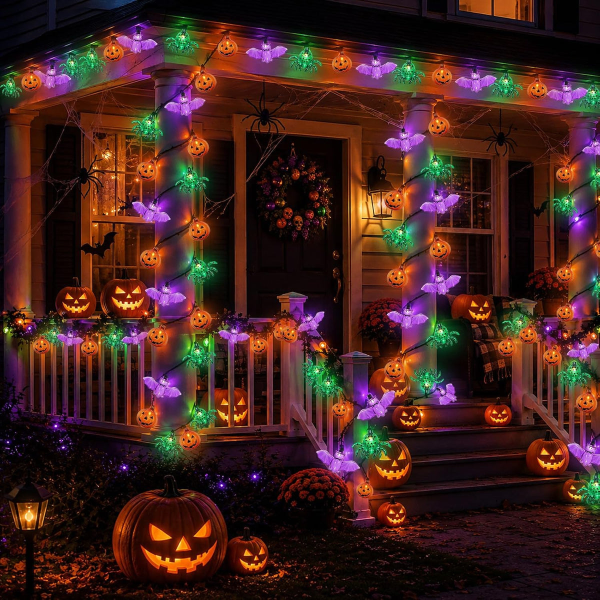 Couah Halloween Pumpkin Bat Spider LED String Lights, 12Ft Jack O Lantern Lights with 20 PCS Pumpkin Bat Spider Plug-in Waterproof for Outdoor Indoor Halloween Decorations
