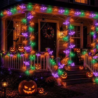 Couah Halloween Pumpkin Bat Spider LED String Lights, 12Ft Jack O Lantern Lights with 20 PCS Pumpkin Bat Spider Plug-in Waterproof for Outdoor Indoor Halloween Decorations