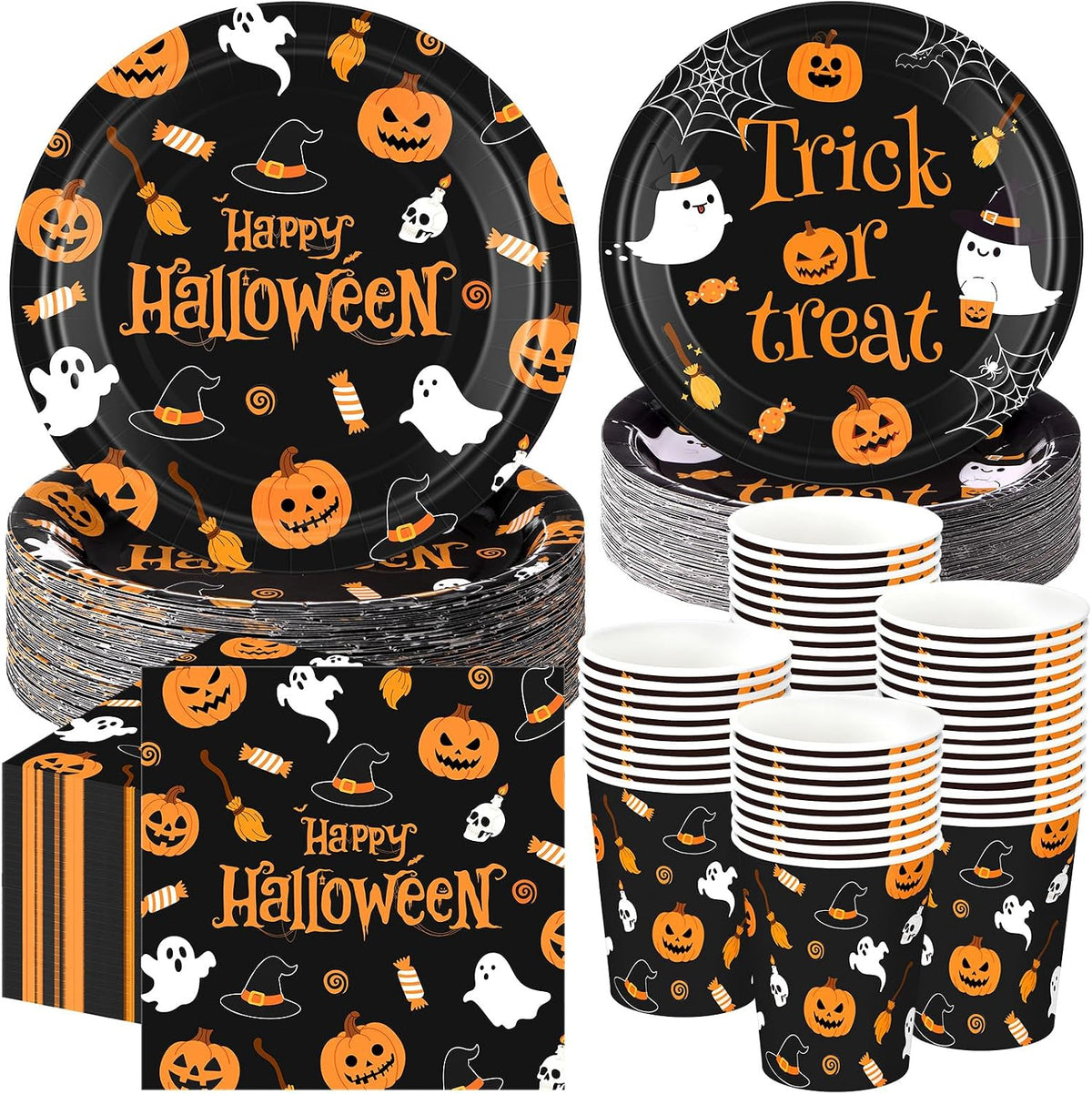 250 Pcs Halloween Party Supplies, Paper Plates Napkins and Cups, Black