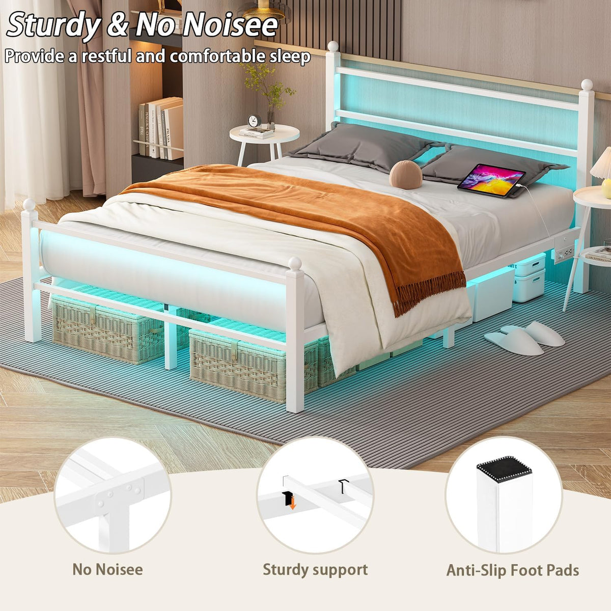full size bed frame with headboard and footboard,white, front angle view