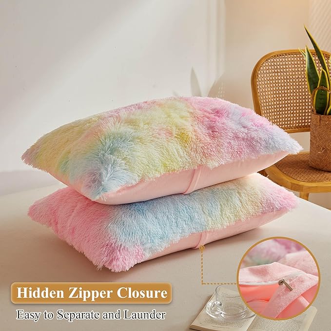 XeGe Rainbow Faux Fur Fluffy Throw Pillow Cases, Plush Shaggy Soft Furry - Image 3