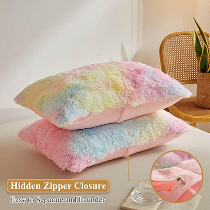 XeGe Rainbow Faux Fur Fluffy Throw Pillow Cases, Plush Shaggy Soft Furry - Image 3