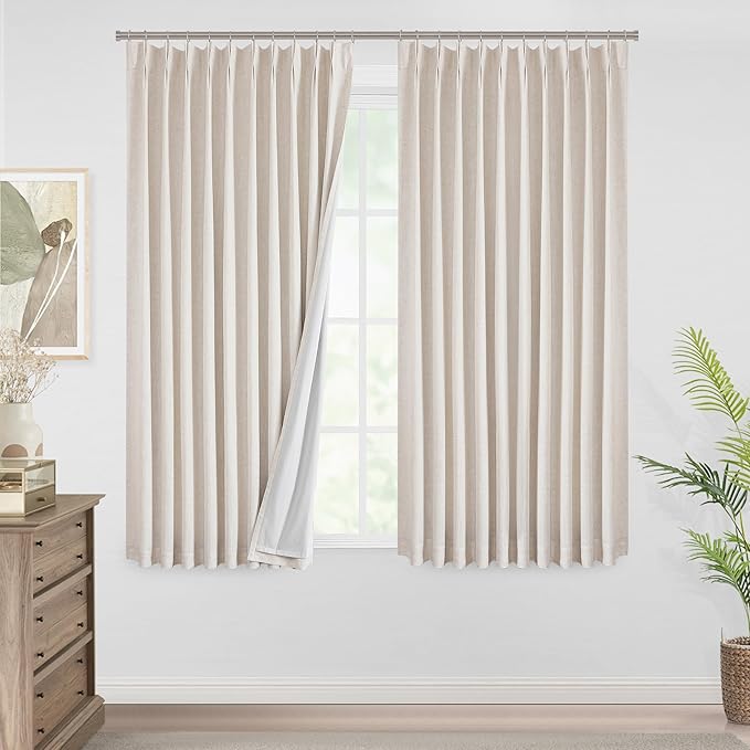 Vision Home Natural Pinch Pleated Full Blackout Curtains Linen Blended Room - Image 2