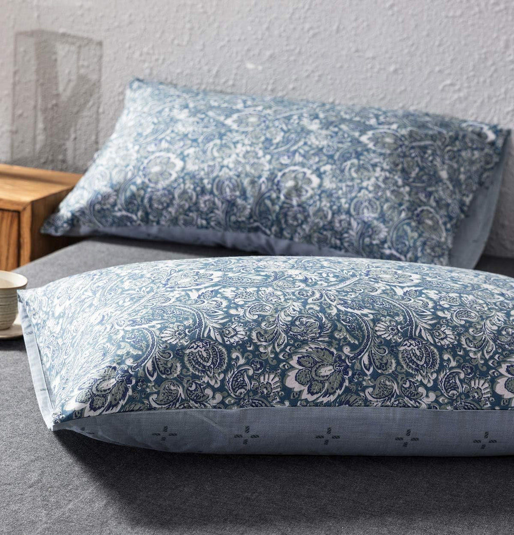 SLEEPBELLA Duvet Cover Queen, 600 Thread Count Cotton Blue & Green Paisle...