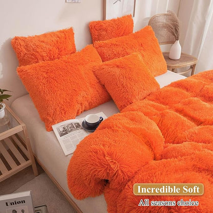 XeGe Faux Fur Fluffy Pillow Cases, Soft Plush Shaggy Furry Orange Pillowcases - Image 5