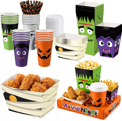 Bokon 172 Pcs/ 24 Sets Halloween Movie Night Snack Trays Supplies
