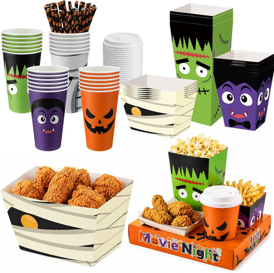 Bokon 172 Pcs/ 24 Sets Halloween Movie Night Snack Trays Supplies