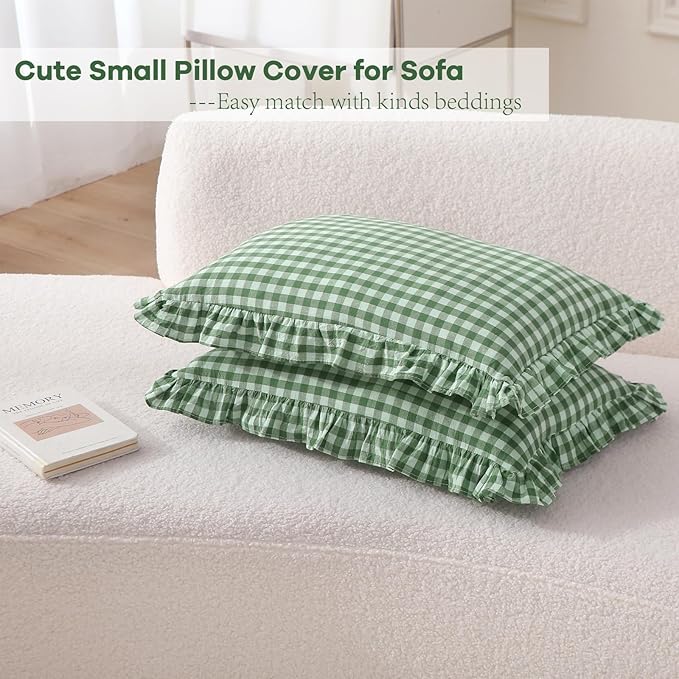 2 Pack Christmas Green White Plaid Ruffle Gingham Lumbar Throw Pillow Covers - Image 4