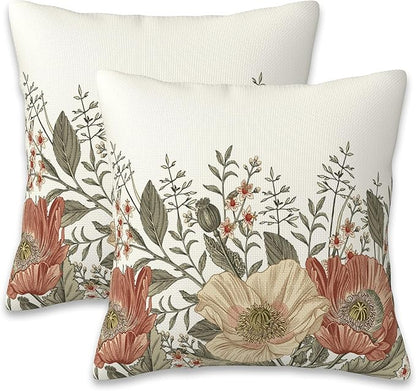Vintage Poppy Flowers Throw Pillow Covers Set of 2 Blooming Flowers Pillow by Naqiuli