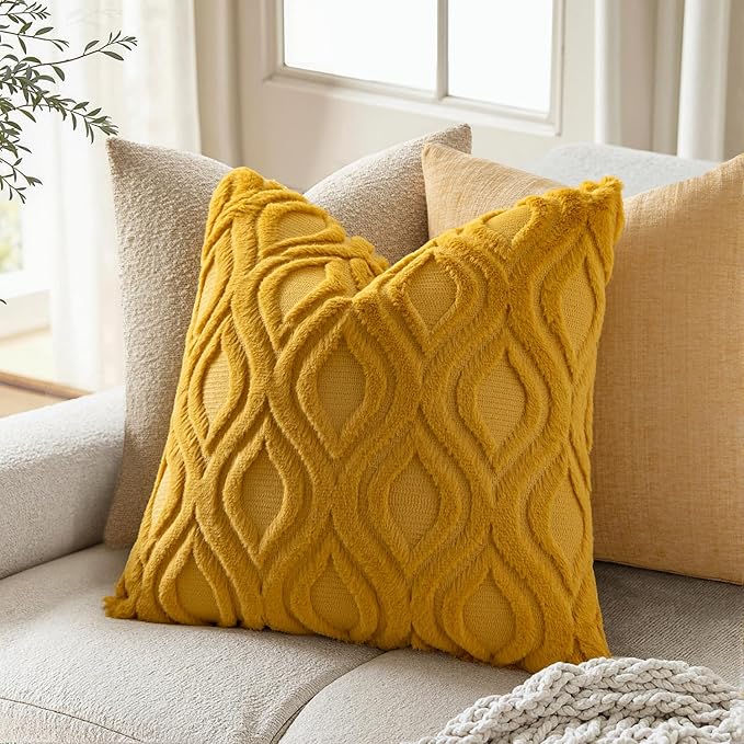 MIULEE Mustard Yellow Fall Throw Pillow Covers 16x16 Inch, Soft Plush Faux Wool - Image 2