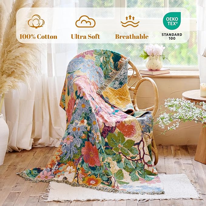 MSGKV Boho Throw Blanket for Bed 60"x80" Cotton Floral Twin Size Couch Blankets - Image 2