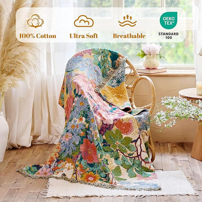MSGKV Boho Throw Blanket for Bed 60"x80" Cotton Floral Twin Size Couch Blankets - Image 2