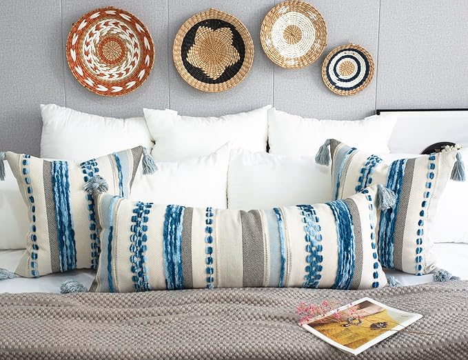PANOD Boho Long Lumbar Throw Pillow Cover 16 x 36 Blue, Chenille Morocan Extra - Image 4